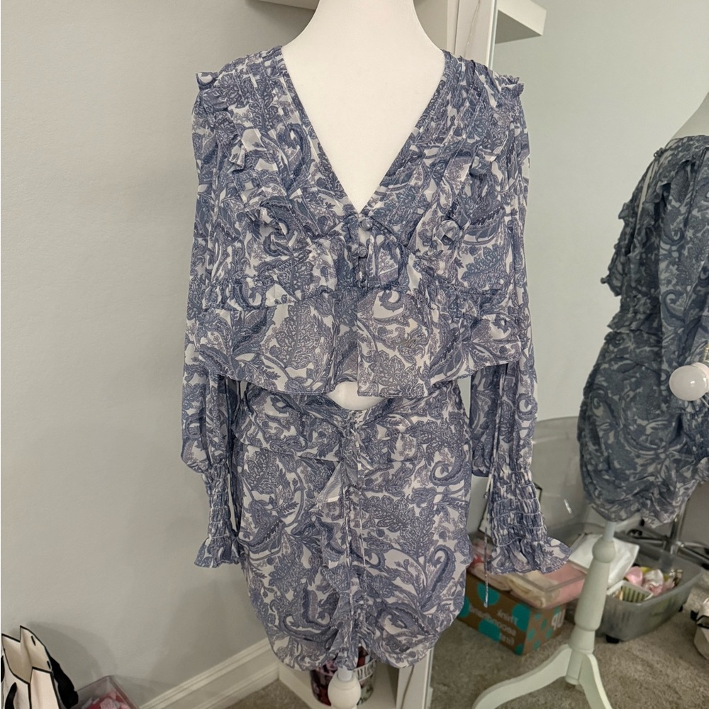For Love And Lemons Blue Floral Blouse and Skirt Set- Small